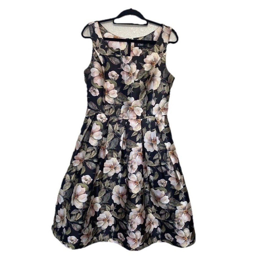 Icone Simons Floral Fit and Flare Dress Black Pink Cream Sleeveless CH76948 L